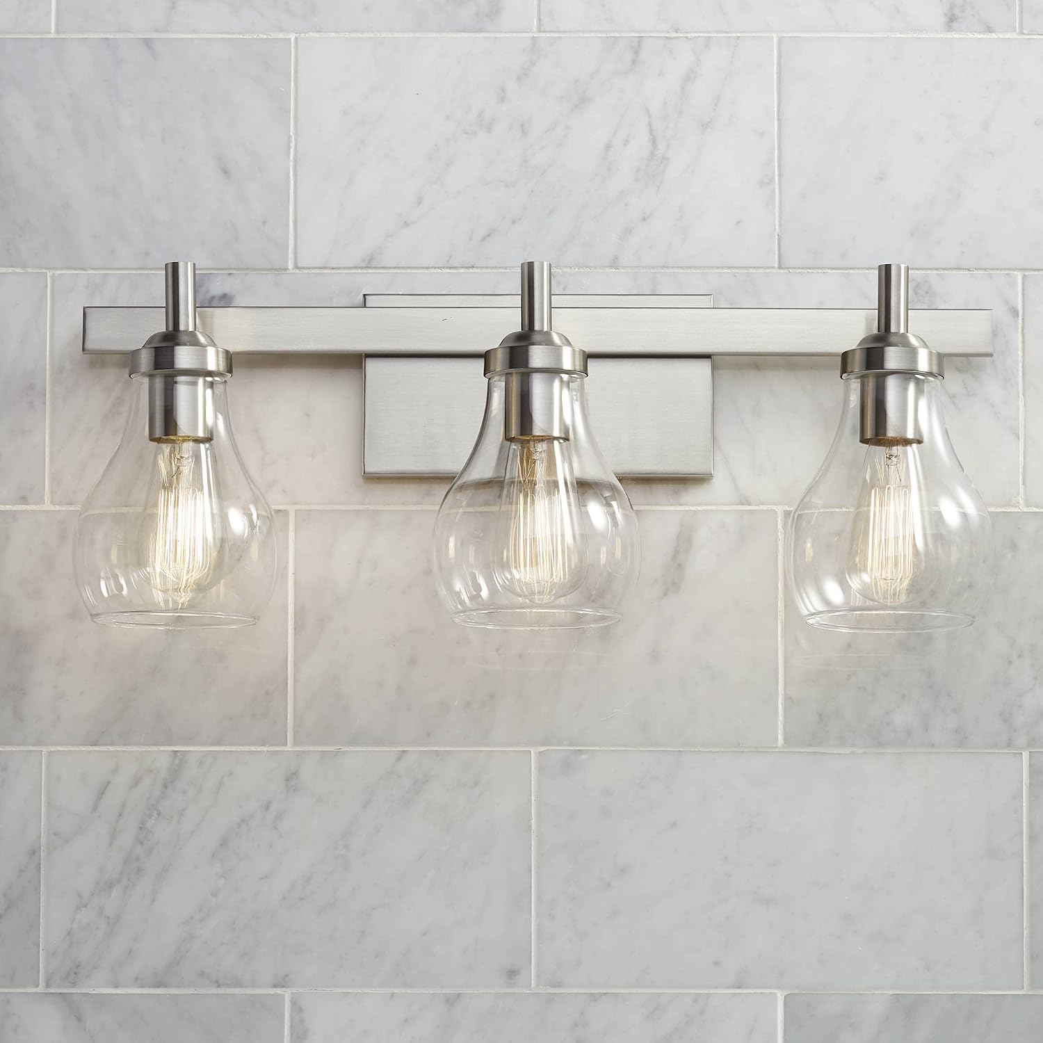 Possini Euro Design Danvers Modern Wall Mount Light Brushed Nickel Silver Hardwired 21' Wide 3-Light Fixture Clear Glass Globe Shade for Bathroom Vanity Mirror House Home Room Decor