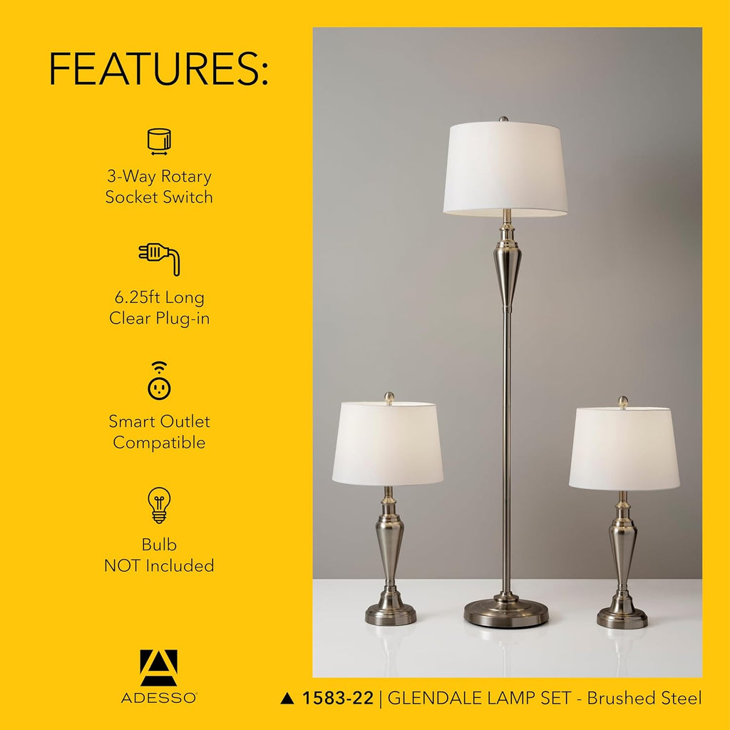 Adesso 3-Piece Lamp Set: Two Table Lamps & One Floor Lamp – Antique Brass with White Shade, Stylish and Cohesive Accent Lighting for Bedroom, Living Room, or Home Office