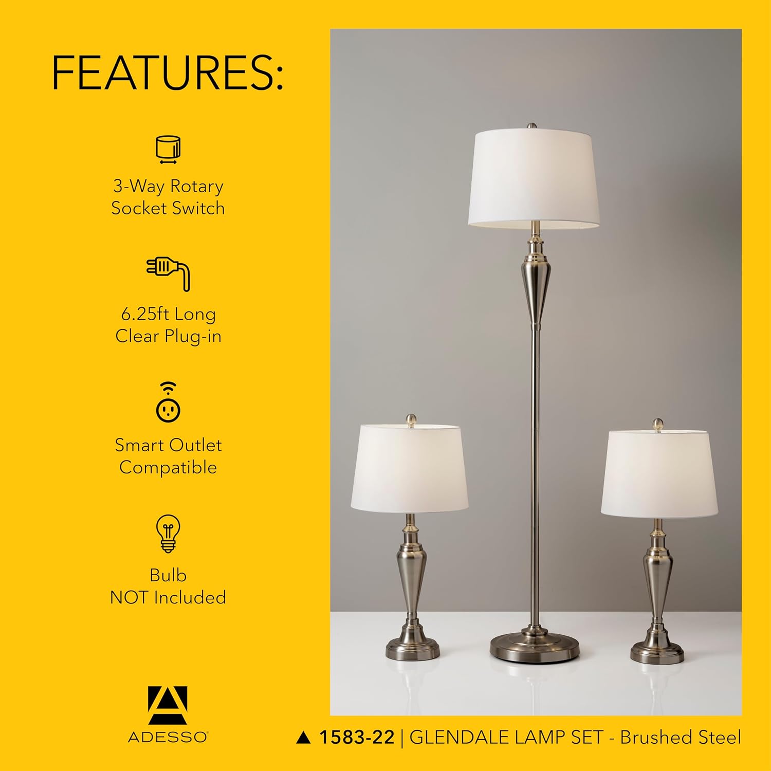 Adesso 3-Piece Lamp Set: Two Table Lamps & One Floor Lamp – Antique Brass with White Shade, Stylish and Cohesive Accent Lighting for Bedroom, Living Room, or Home Office