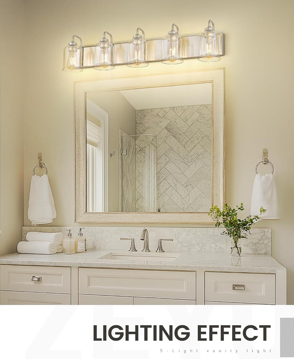 zeyu 36 Inch Farmhouse Modern Bathroom Lighting Fixture, 5-Light Bathroom Vanity Light, Brushed Nickel Finish with Clear Glass Shade, ZSL72B-5W BN