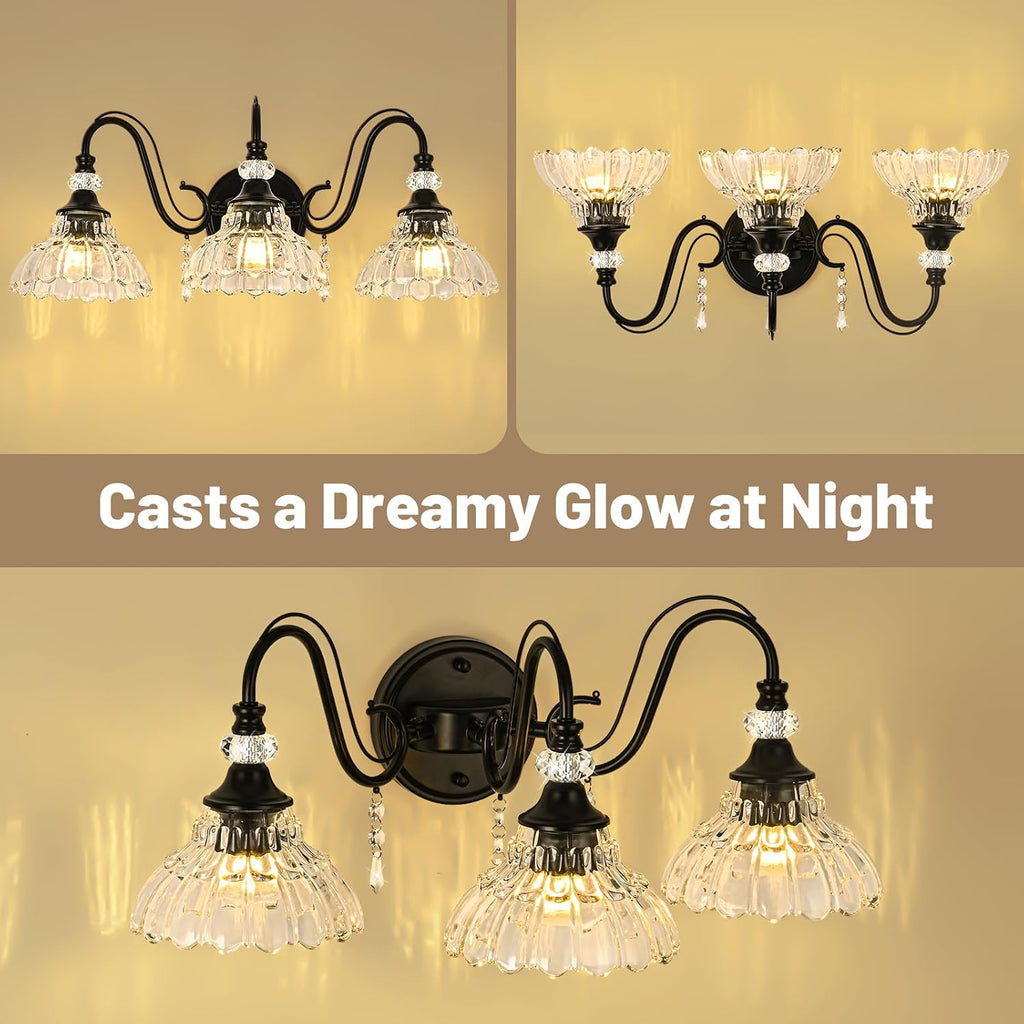 Black Bathroom Vanity Light, 3-Light Matte Black Finish Farmhouse Wall Sconce with Hanging Crystal Accents and Flower-Shaped Clear Glass Shades, Retro Wall Mount Vanity Light Over Mirror for Bathroom