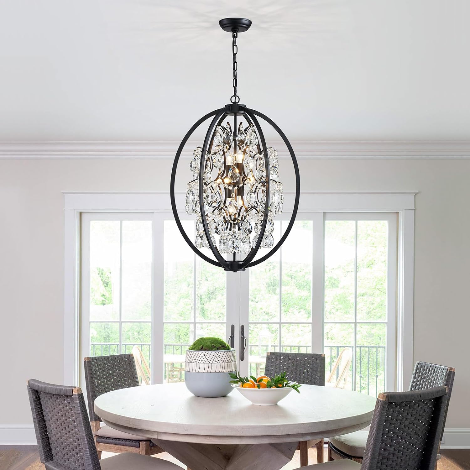 WUZUPS Globe Crystal Chandelier Raindrop Pendant Flushmount Ceiling Light Modern Lighting Fixture for Bedroom Hallway Bar Kitchen Bathroom, H 23.6' x W 19.7', Black, 8 E12 Base