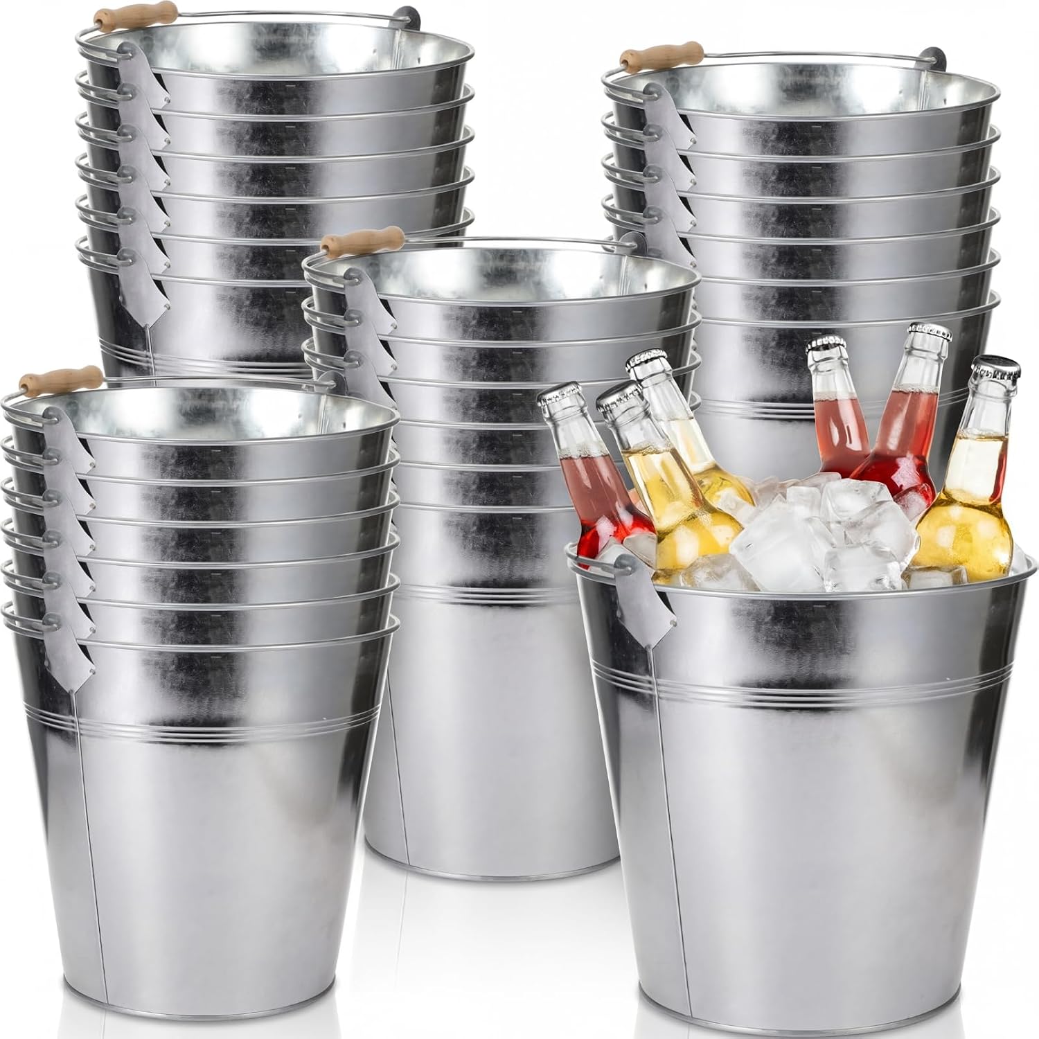 Didaey 24 Pcs 9 Quart Large Galvanized Metal Buckets with Handle Inch Heavy Duty Stainless Steel Pails Round Pail for Party Wedding, Crafts, Utensils, Table Centerpieces (Silver)