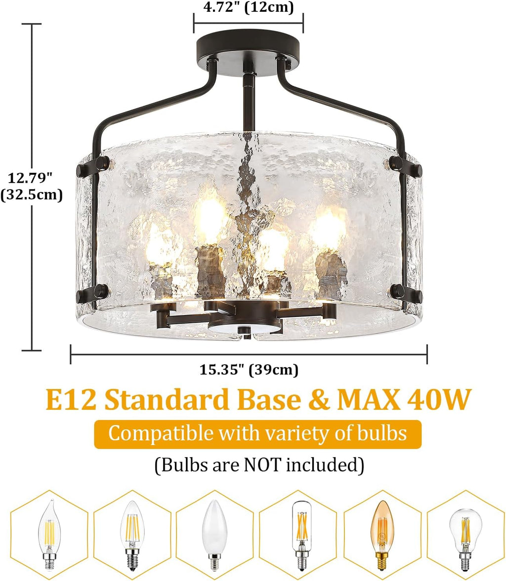 Black Semi Flush Mount Ceiling Lights, Modern Hammered Glass Entryway Hallway Light Fixtures 4-Light Drum Chandelier for Dining Room Bathroom Bedroom Kitchen Foyer Lighting