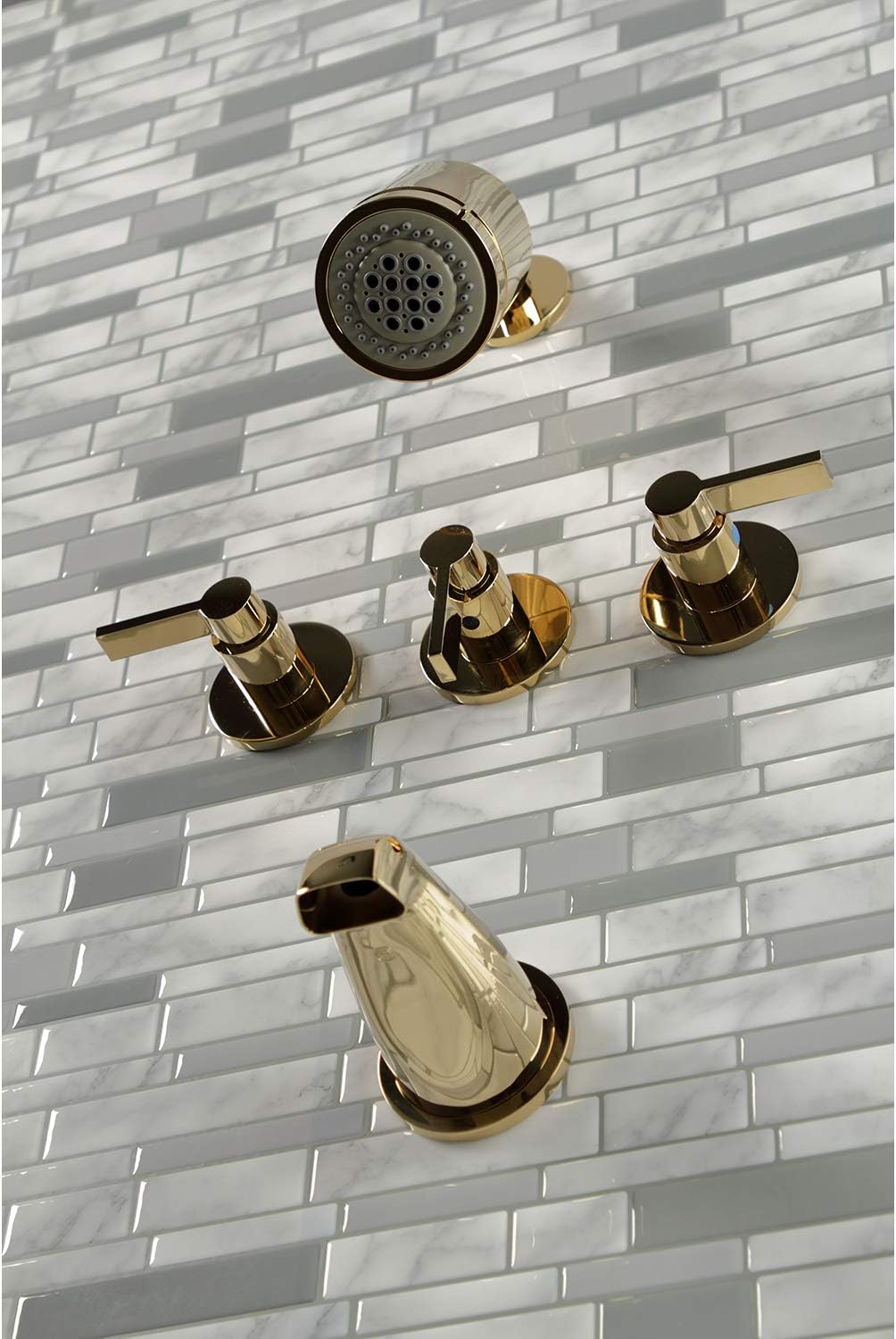 Kingston Brass KBX8132NDL NuvoFusion Triple-Handle Tub and Shower Faucet in Polished Brass