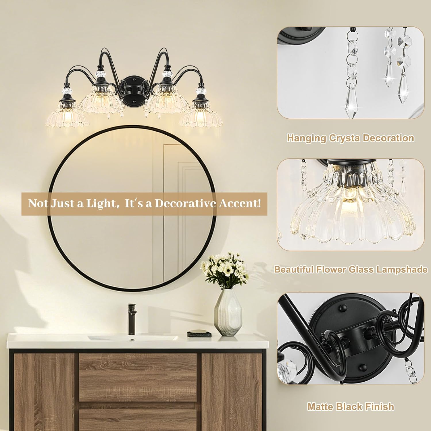 Black Bathroom Vanity Light, 4-Light Matte Black Finish Farmhouse Wall Sconce with Hanging Crystal Accents and Flower-Shaped Clear Glass Shades, Retro Wall Mount Vanity Light Over Mirror for Bathroom