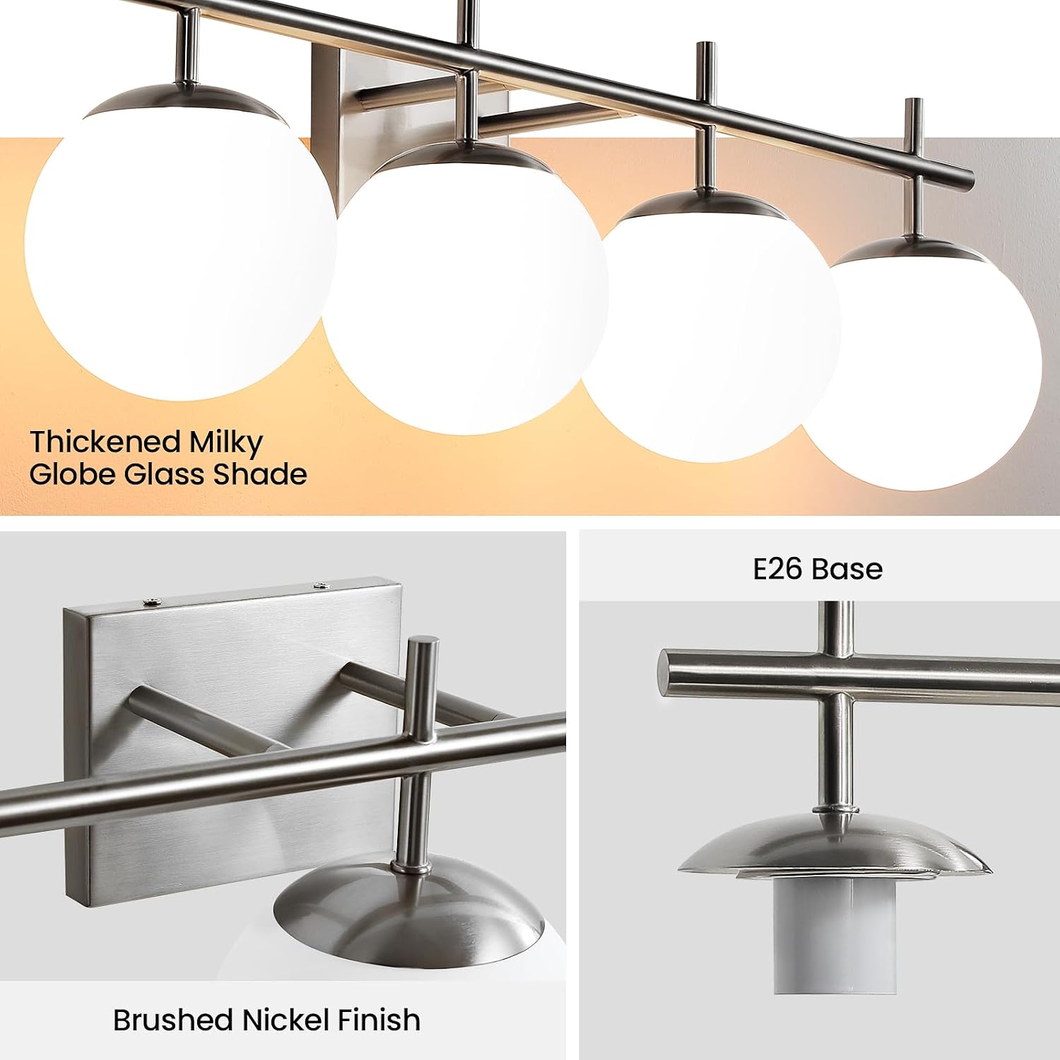 AIJIASI Bathroom Vanity Light, 4-Light Brushed Nickel Vanity Lights, 30.7 Inch Modern Bathroom Light Fixtures with Milky White Glass Globe Shade, Vanity Lighting Fixtures Over Mirror Wall Sconce