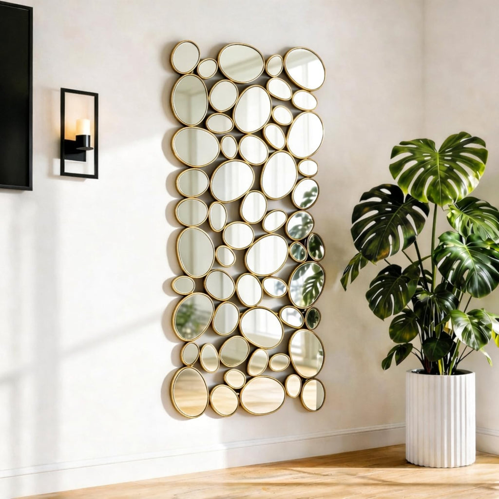 Gold Wall Mirrors Decorative - 51'x23' Large Modern Wall Mirror for Home Decor, 55 Pieces Multi-Size Pebble Design Metal Framed Accent Mirror for Entryway Bedroom Living Room Wall Art Decor