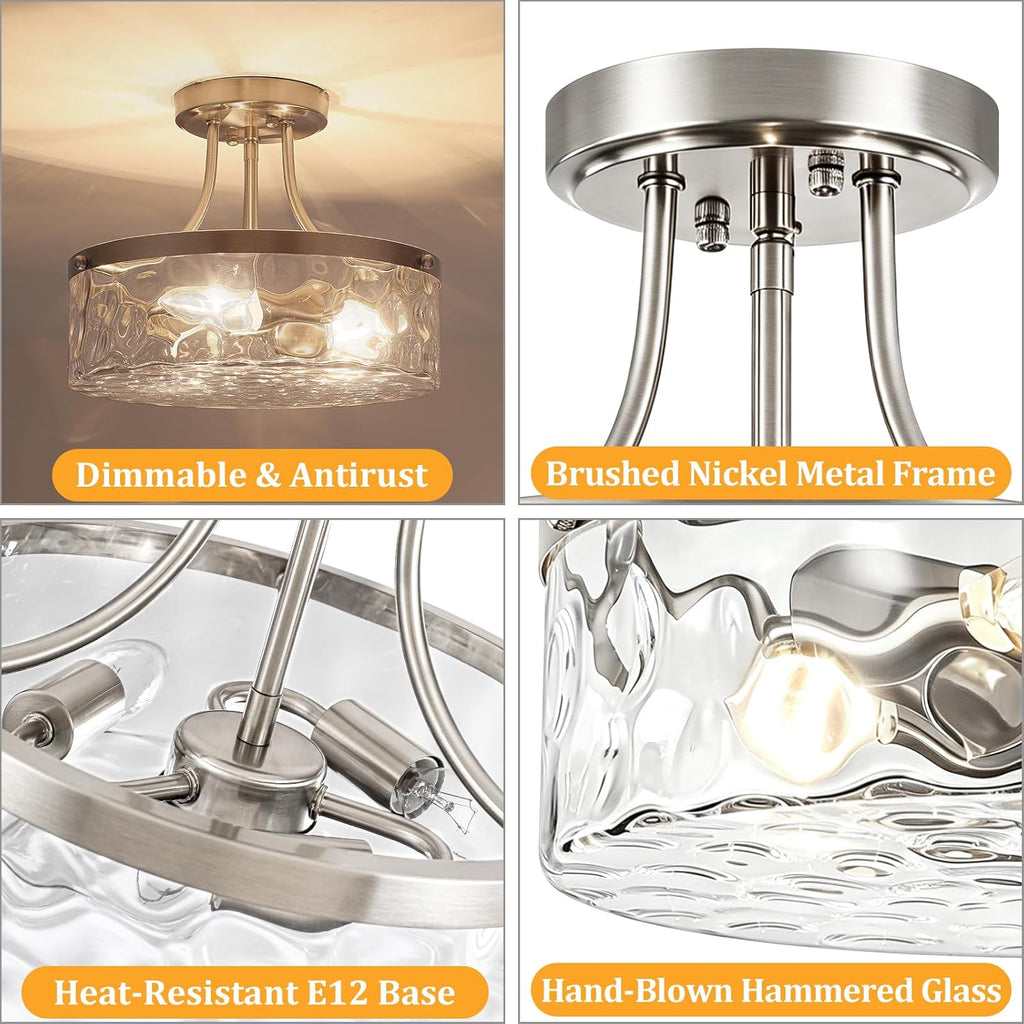 TOULMJ Brushed Nickel Semi Flush Mount Ceiling Light, 3-Light Modern Hammered Glass Kitchen Lighting Fixture for Hallway Entryway Bathroom Bedroom Laundry Dining Room