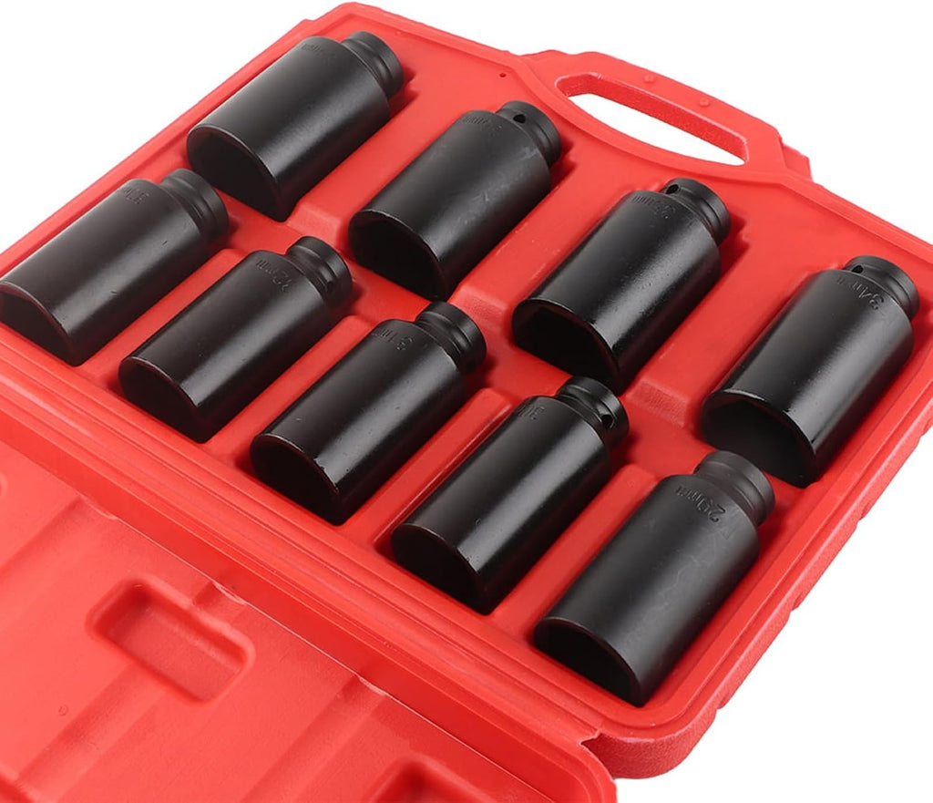 1/2 Inch Drive Axle Hub Nut Hex Socket Set, Heavy Duty Impact Quality 9-Piece Set for Use with Impact Tool, for Professional or Occasional Use, 40 Chrome Steel Material, Mechanics
