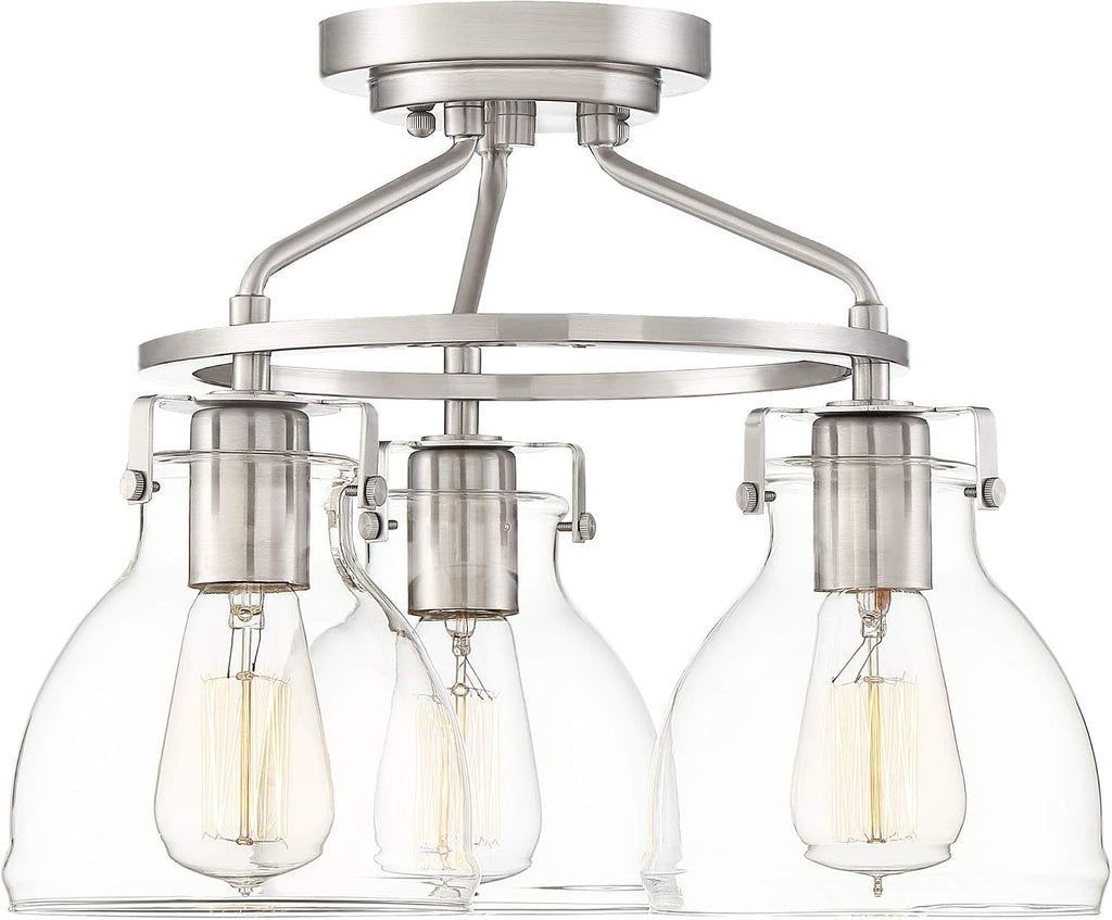 Possini Euro Design Bellis Modern Industrial Close to Ceiling Light Semi Flush Mount Fixture 14 1/2' Wide 3-Light Brushed Nickel Clear Glass Shade Bedroom Hallway Living Room Dining Room Bathroom