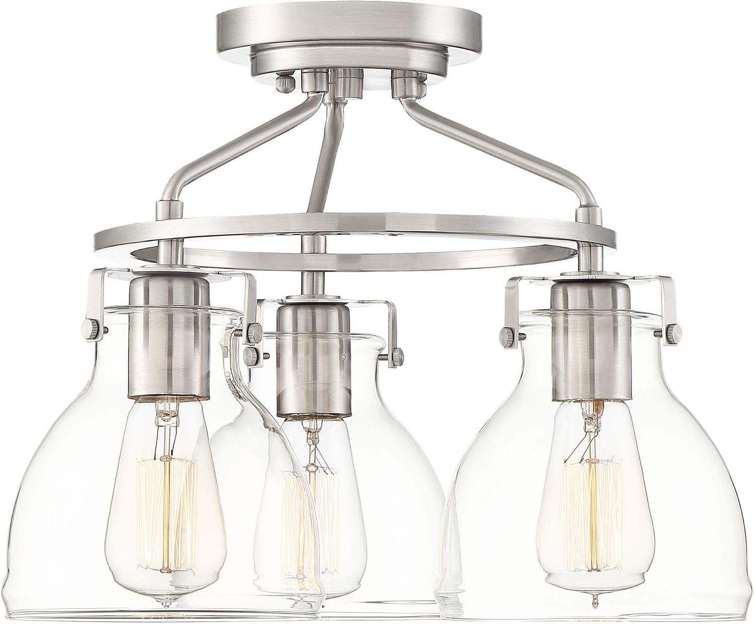 Possini Euro Design Bellis Modern Industrial Close to Ceiling Light Semi Flush Mount Fixture 14 1/2' Wide 3-Light Brushed Nickel Clear Glass Shade Bedroom Hallway Living Room Dining Room Bathroom