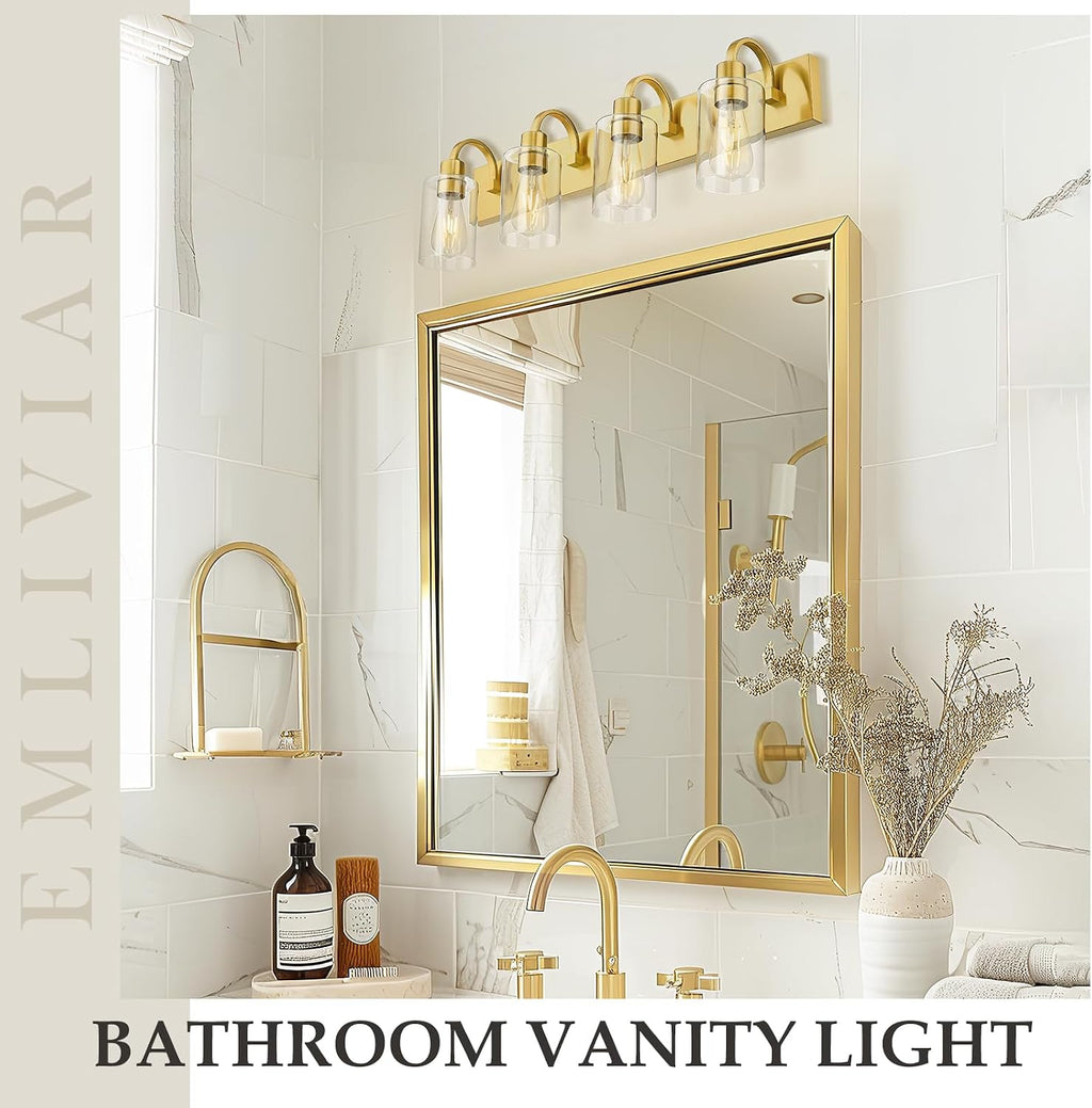 Emliviar 30 Inch Gold Vanity Light, 4-Light Bathroom Light Fixtures with Clear Glass Shade, Brushed Gold Finish, YCE237B-4W BG
