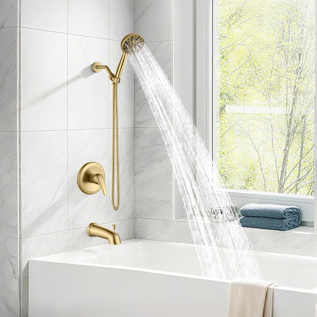 gotonovo Bathroom Shower Head Kit High Pressure Combo System Shower Faucet 6 Modes ABS Handheld Spray Shower Trim Kit Valve Included Shower Head and Handle Set Brushed Gold
