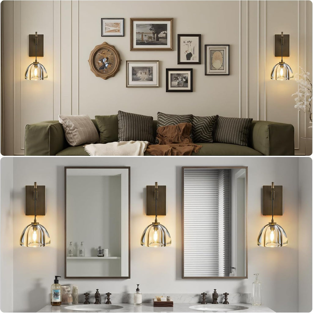 Crystal Brass Dome Wall Sconce - Luxury Antique Brushed Lighting Fixture with K9 Crystals Cloche - Set of 2 Modern Gold Sconces - Dimmable Indoor Hanging Light for Bathroom Bedroom Living Room Stair
