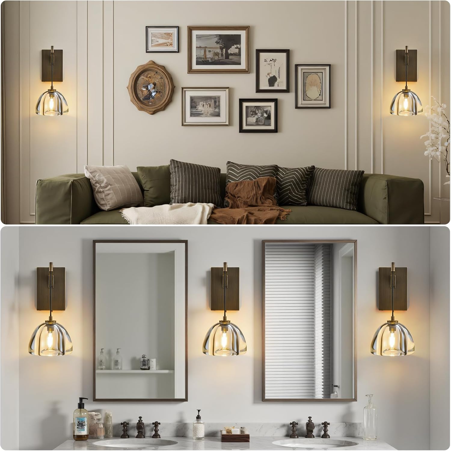Crystal Brass Dome Wall Sconce - Luxury Antique Brushed Lighting Fixture with K9 Crystals Cloche - Set of 2 Modern Gold Sconces - Dimmable Indoor Hanging Light for Bathroom Bedroom Living Room Stair