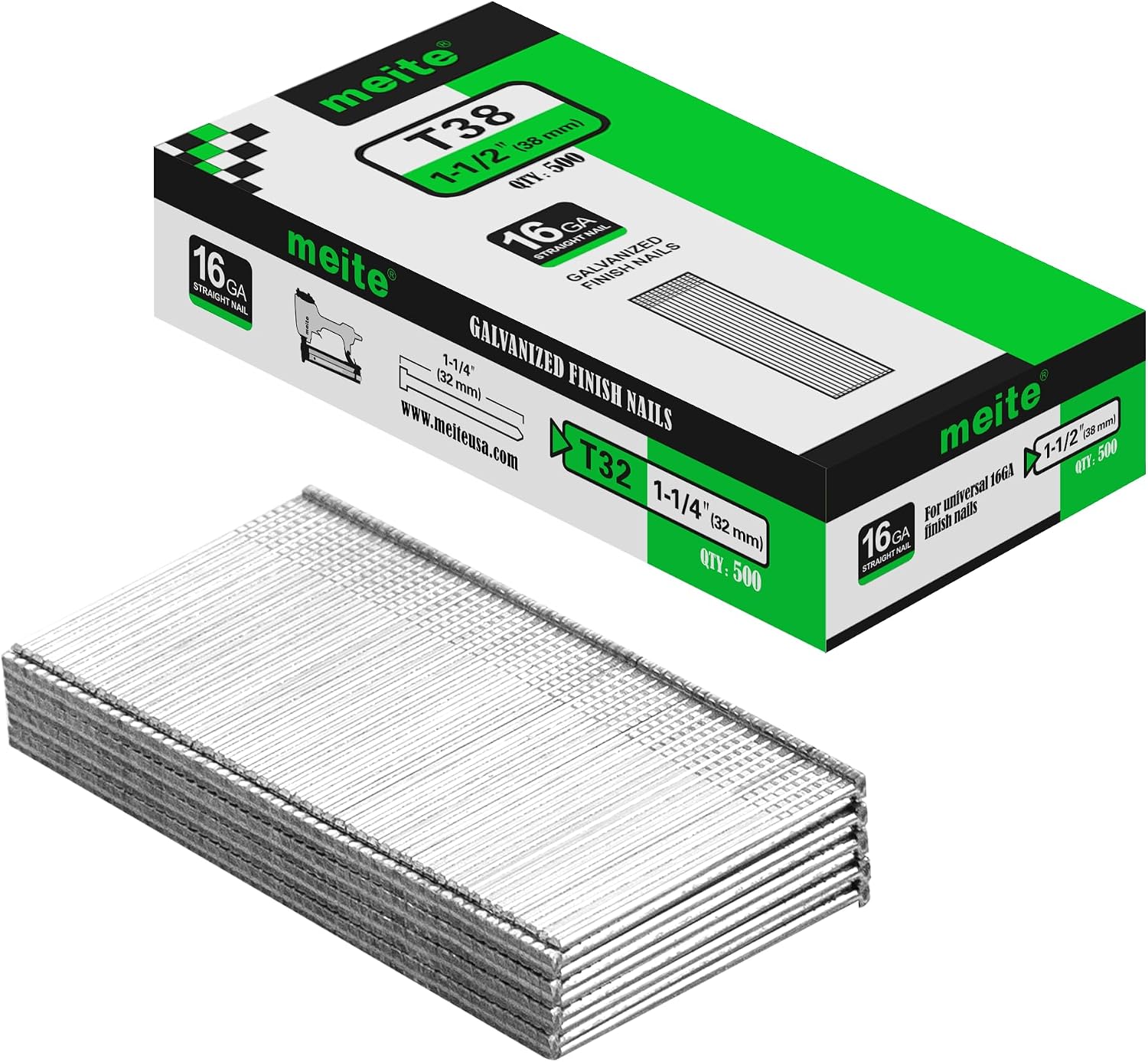 meite 16 Gauge Finish Nails 1-1/2 Inch Galvanized 16GA Straight Finish Nails for Finish Nailer Gun on Cabinet Baseboard Crown Molding Woodworking, 500PCS x 50 Boxes