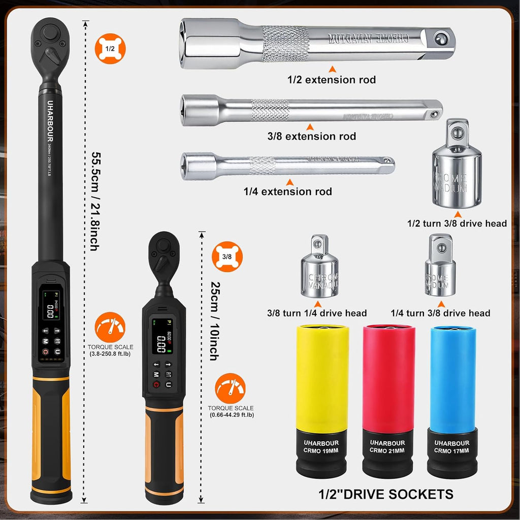 Digital Torque Wrench Set, 1/2'&3/8' Torque Wrench Digital with Dual Direction Ratchet, 3.8-250.8 Ft.lb & 0.66-44.29Ft.lbs Range, ±1% Accuracy with Vibration, Buzzer and LED Alert