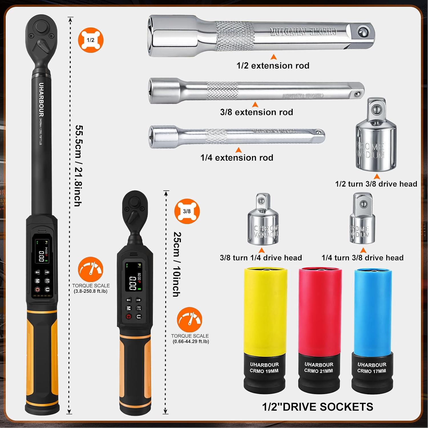 Digital Torque Wrench Set, 1/2'&3/8' Torque Wrench Digital with Dual Direction Ratchet, 3.8-250.8 Ft.lb & 0.66-44.29Ft.lbs Range, ±1% Accuracy with Vibration, Buzzer and LED Alert