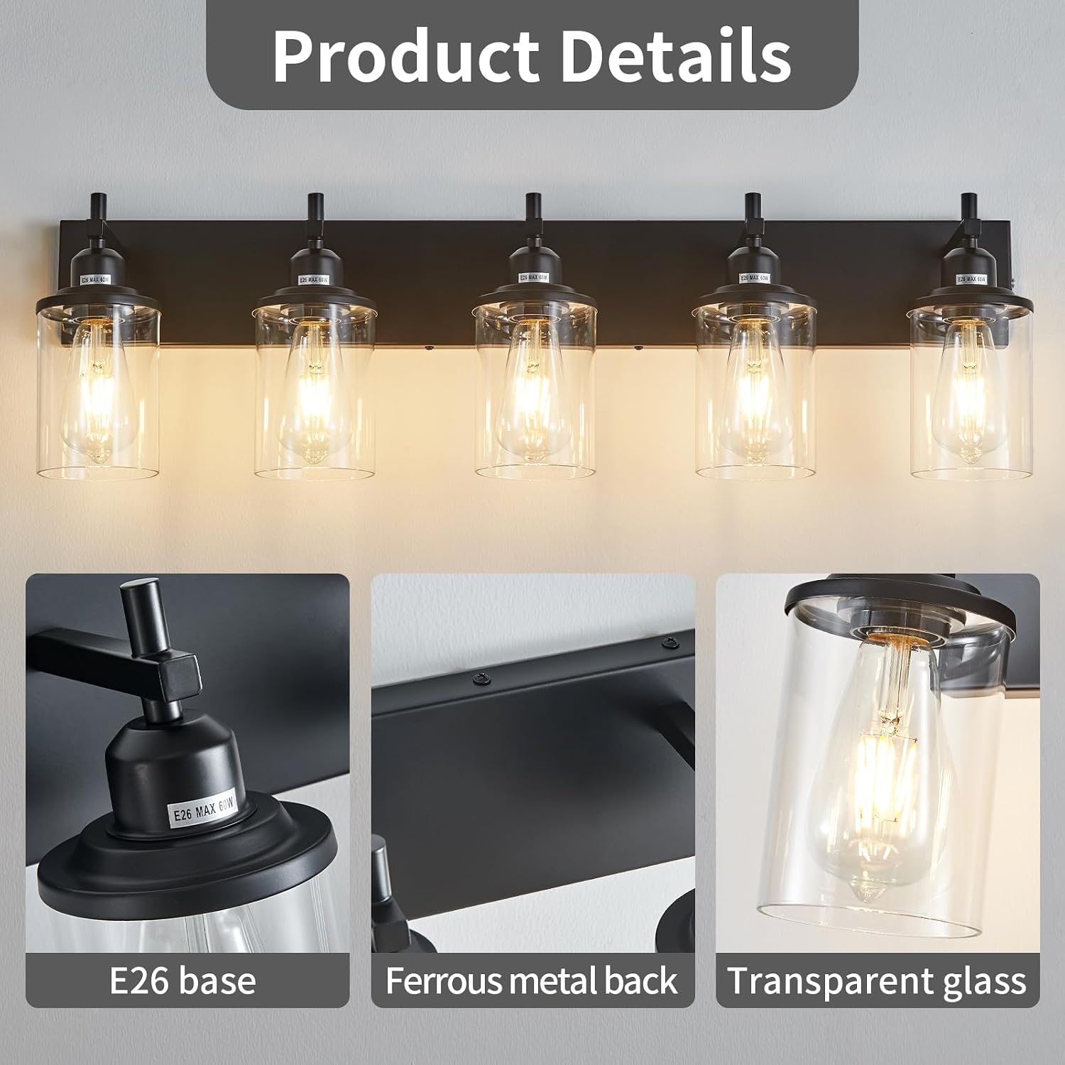 Lanhall 5-Light Black Bathroom Light Fixture Over Mirror Modern Farmhouse Bathroom Vanity Light Vintage Wall Lighting with Clear Glass Shade for Bathroom, Bedroom, Hallway, Cabinet