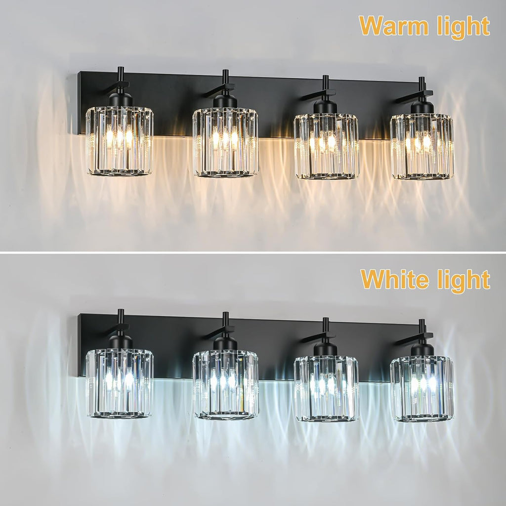 Black Crystal Bathroom Vanity Lights, Modern 4-Lights Bathroom Lighting Fixtures Over Mirror, Crystal Wall Lighting with Round Shade