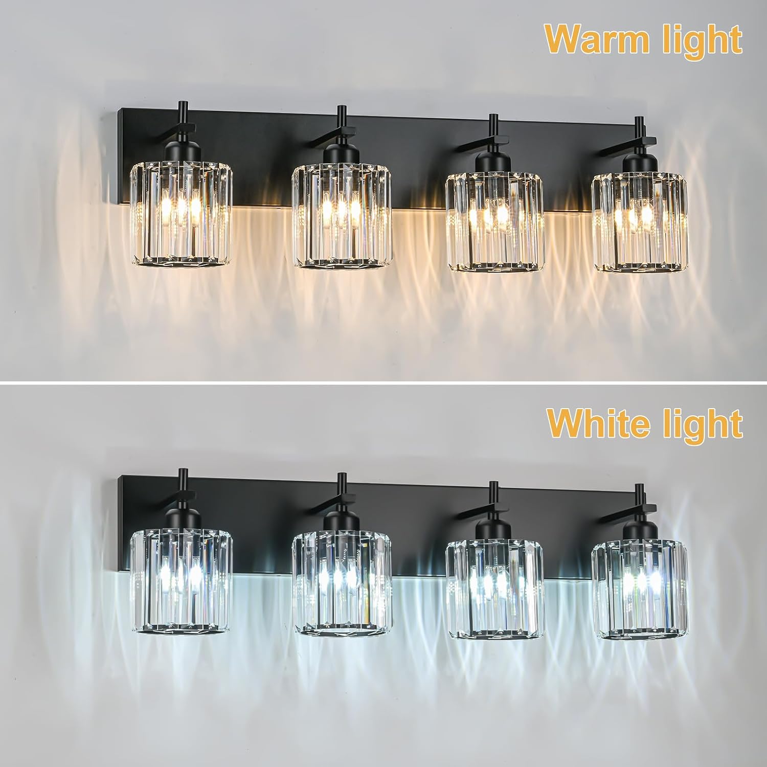 Black Crystal Bathroom Vanity Lights, Modern 4-Lights Bathroom Lighting Fixtures Over Mirror, Crystal Wall Lighting with Round Shade