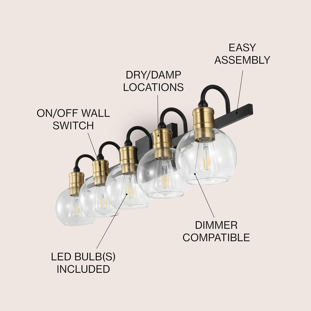 JONATHAN Y 36.5' Black/Brass Gold Vintage Wall Sconce, LED Vanity Light for Bathroom Bedroom Entryway, Clear Glass Globe Shade, Modern Industrial Arched Lamp, LED Bulb Included (JYL3556A)