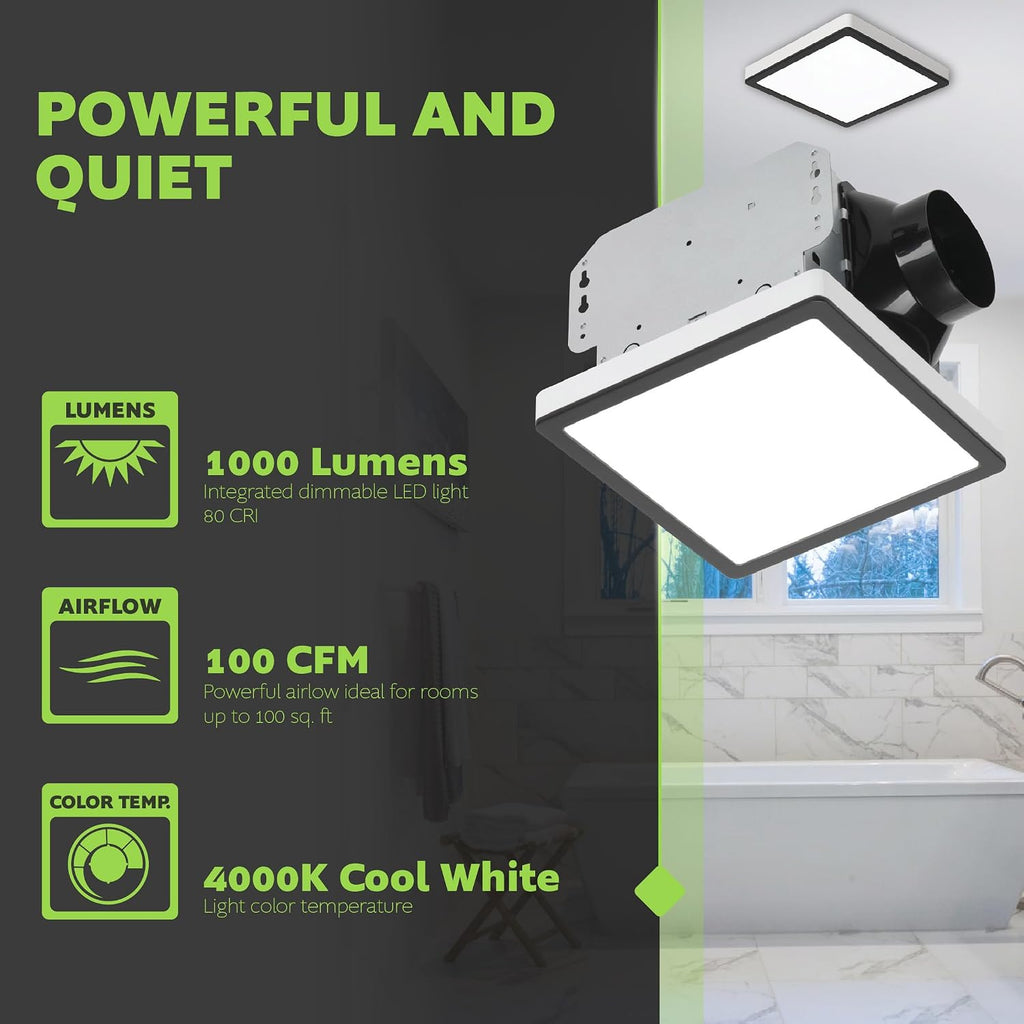 Homewerks 7105-12-MB Bathroom Fan with Light 100-CFM 2 Sones Matte Black Square Ventilation Fan with Dimmable LED Light and Magnetic Trim Ring