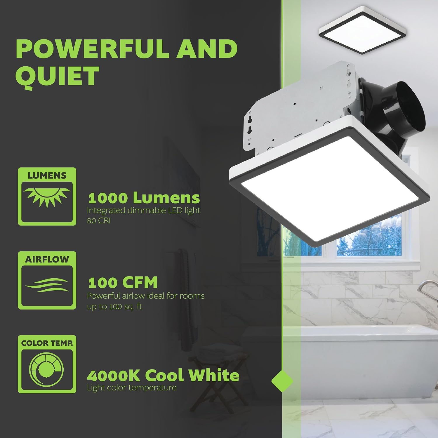Homewerks 7105-12-MB Bathroom Fan with Light 100-CFM 2 Sones Matte Black Square Ventilation Fan with Dimmable LED Light and Magnetic Trim Ring