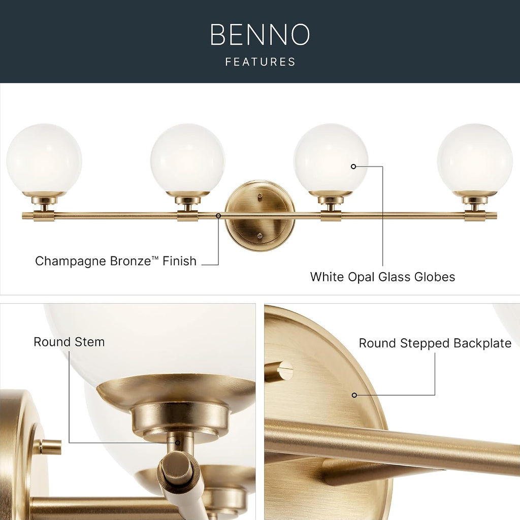 Kichler Benno 4-Light Bathroom Vanity Light Fixture with Opal Glass in Champagne Bronze, Modern Wall Mount Over Mirror for Bathroom or Powder Room (8.75' x 34'), 55173CPZ