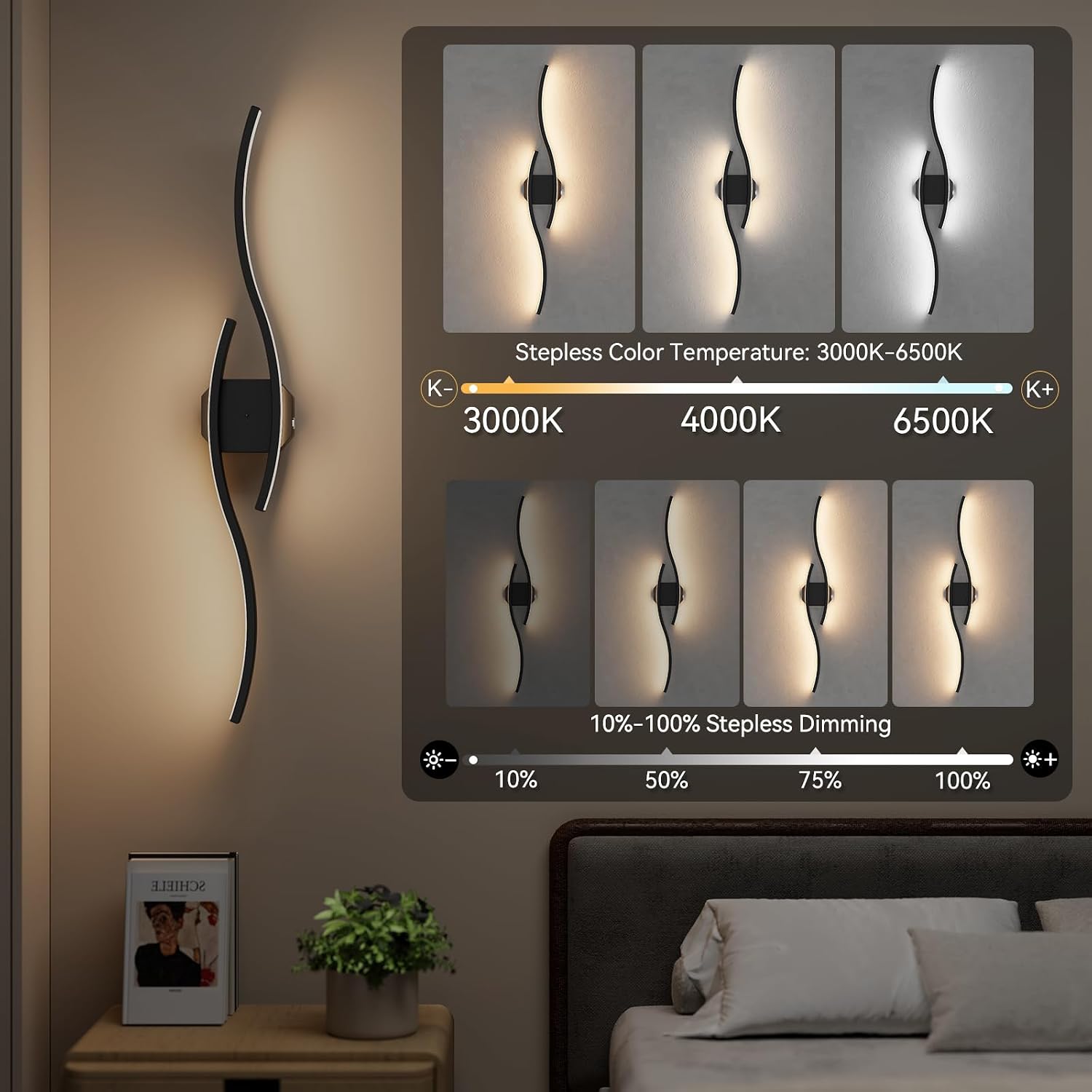 hunhun Battery Operated Wall Sconces Set of Two, Wireless Wall Sconce with Remote Control, Black Rechargeable Sconces 3000K-6500K, RGB Dimmable Wall Lights for Living Room, Hallway, Bedroom (2 Pack)
