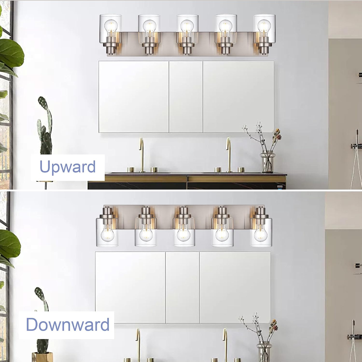 5 Light Brushed Nickel Vanity Lights Bathroom Lighting Fixtures Over Mirror, Modern Bathroom Lights with Clear Glass Shade, Farmhouse Vanity Wall Sconces Lighting for Bedroom Living Room