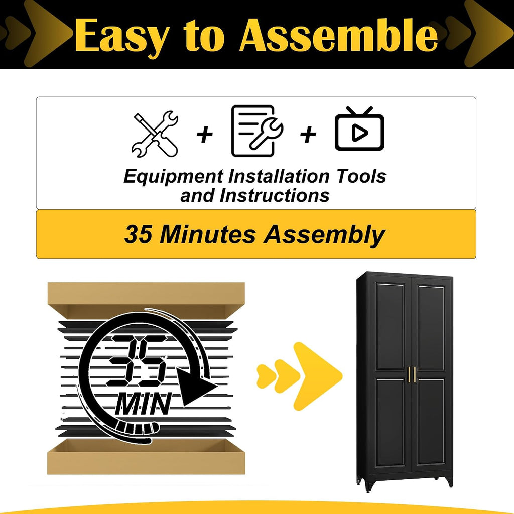 SteeLoong Kitchen Pantry Cabinet,75'Black Metal Storage Cabinets with Doors and 4 Adjustable Shelves,Kitchen Cabinet with 2 Gold Handles,Tall Cabinet for Livingroom, Bathroom
