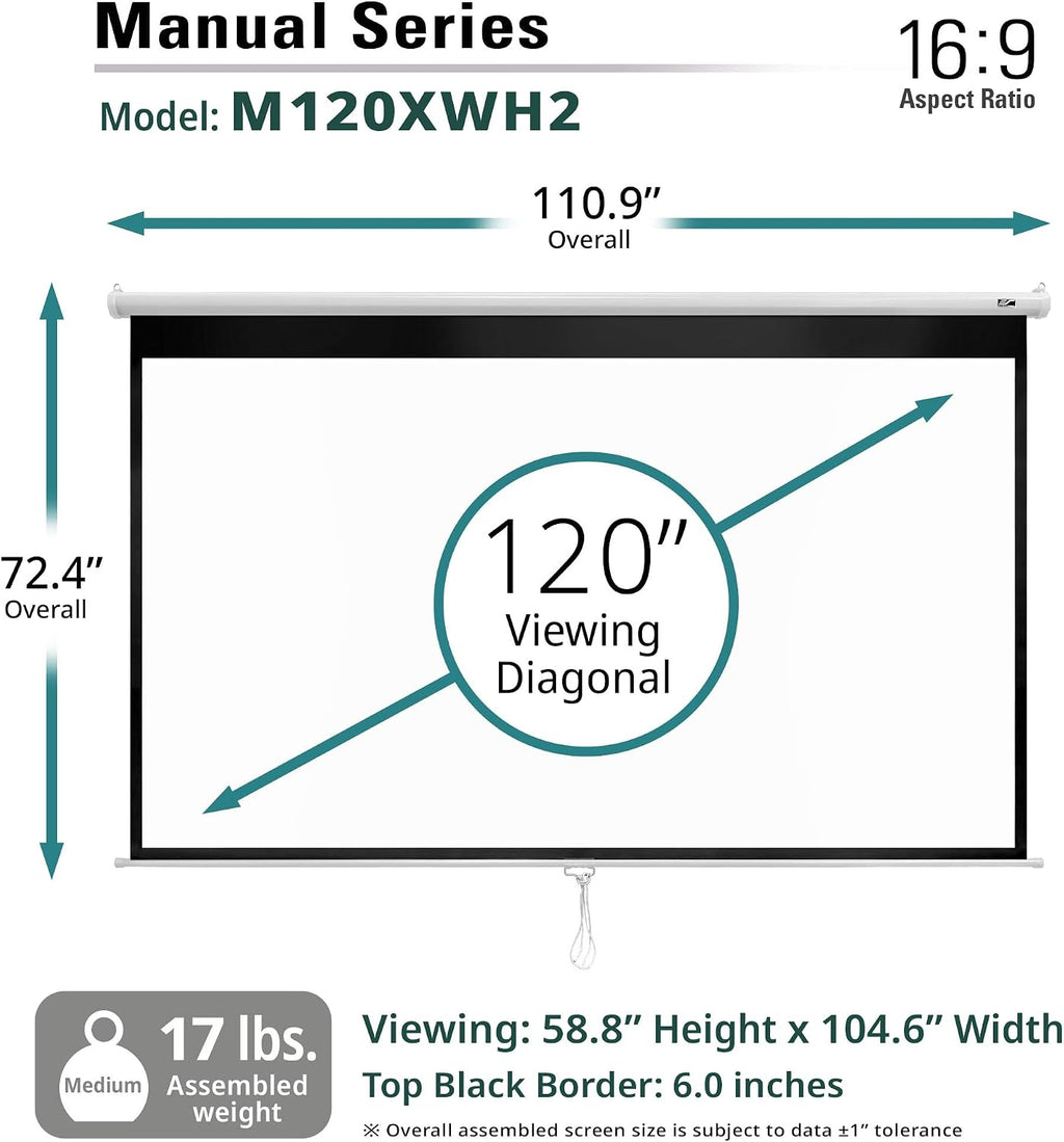 Elite Screens Manual Series, 120-INCH 16:9, Pull Down Manual Projector Screen with AUTO LOCK, Movie Home Theater 8K / 4K Ultra HD 3D Ready, 2-YEAR WARRANTY, M120XWH2