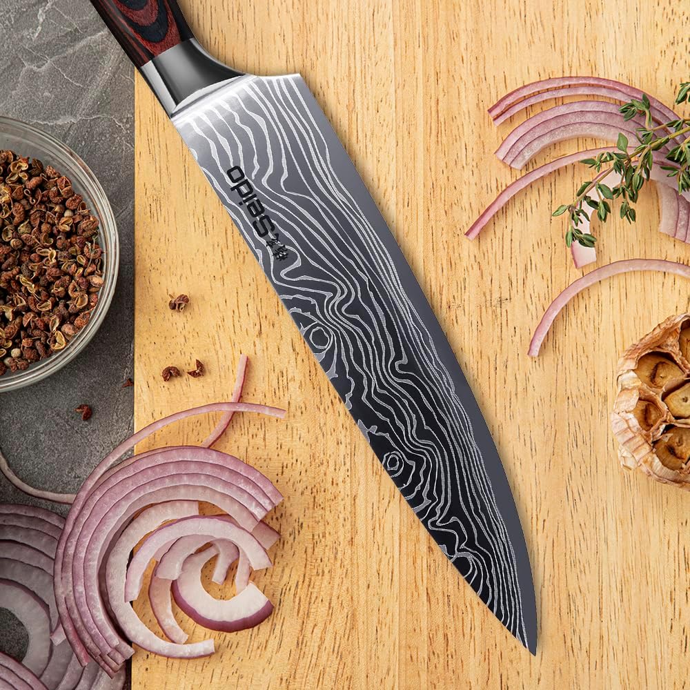 Seido Knives 5-Piece Damascus Master Chef Knife Set - Includes Gyuto, Santoku, Nakiri, Paring Knives - High-Carbon Stainless Steel Kitchen Knives
