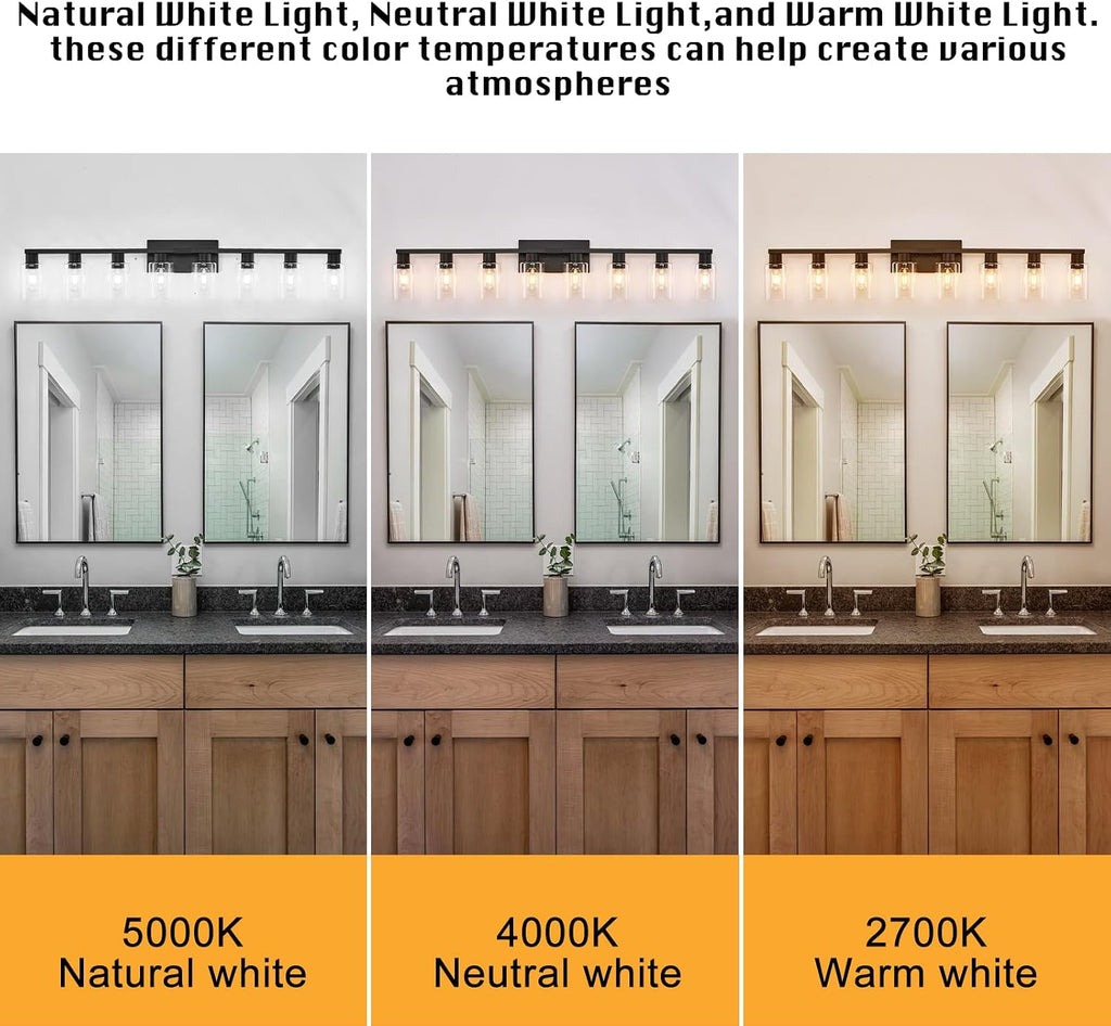 8 Light Bathroom Vanity Light, Matte Black Bathroom Vanity Lights Over Mirror with Sturdy Clear Glass Shade, 8 Lights Count Large Bath Light Fixtures for Mirror, Bedroom, Living Room, Wall Sconce