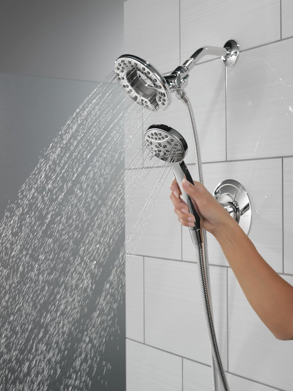 Delta Arvo 14 Series Chrome Shower Faucet Set with In2ition 2-in-1 Dual Shower Head with HandHeld Spray Combo, Valve Trim Kit, Chrome 142840-I (Valve Included)