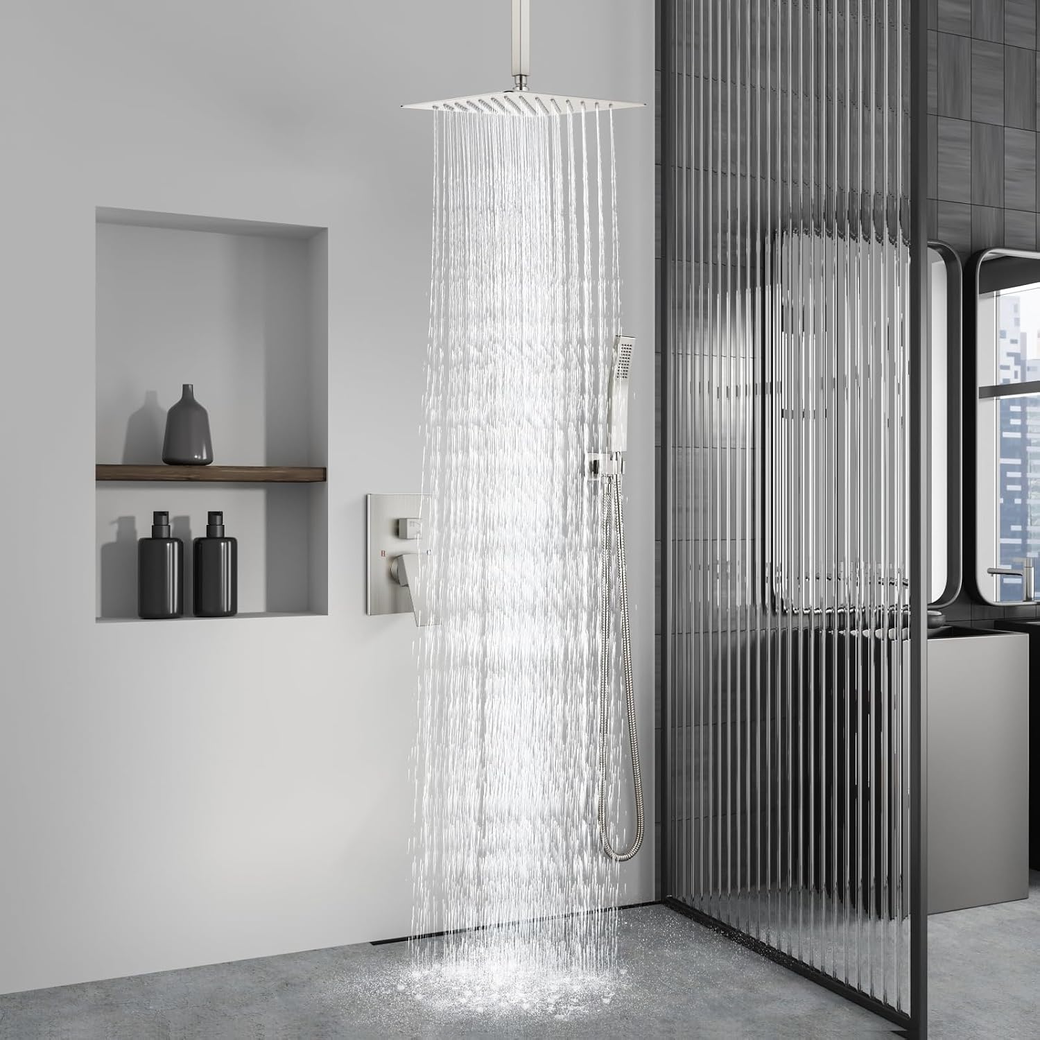 Aolemi Ceiling Mount Shower System Rain Shower Head with Handheld Spray High Pressure Shower Faucet Set Rough-in Valve Shower Trim Kit Included Bathroom Brushed Nickel 12 Inch Ceiling Shower Head