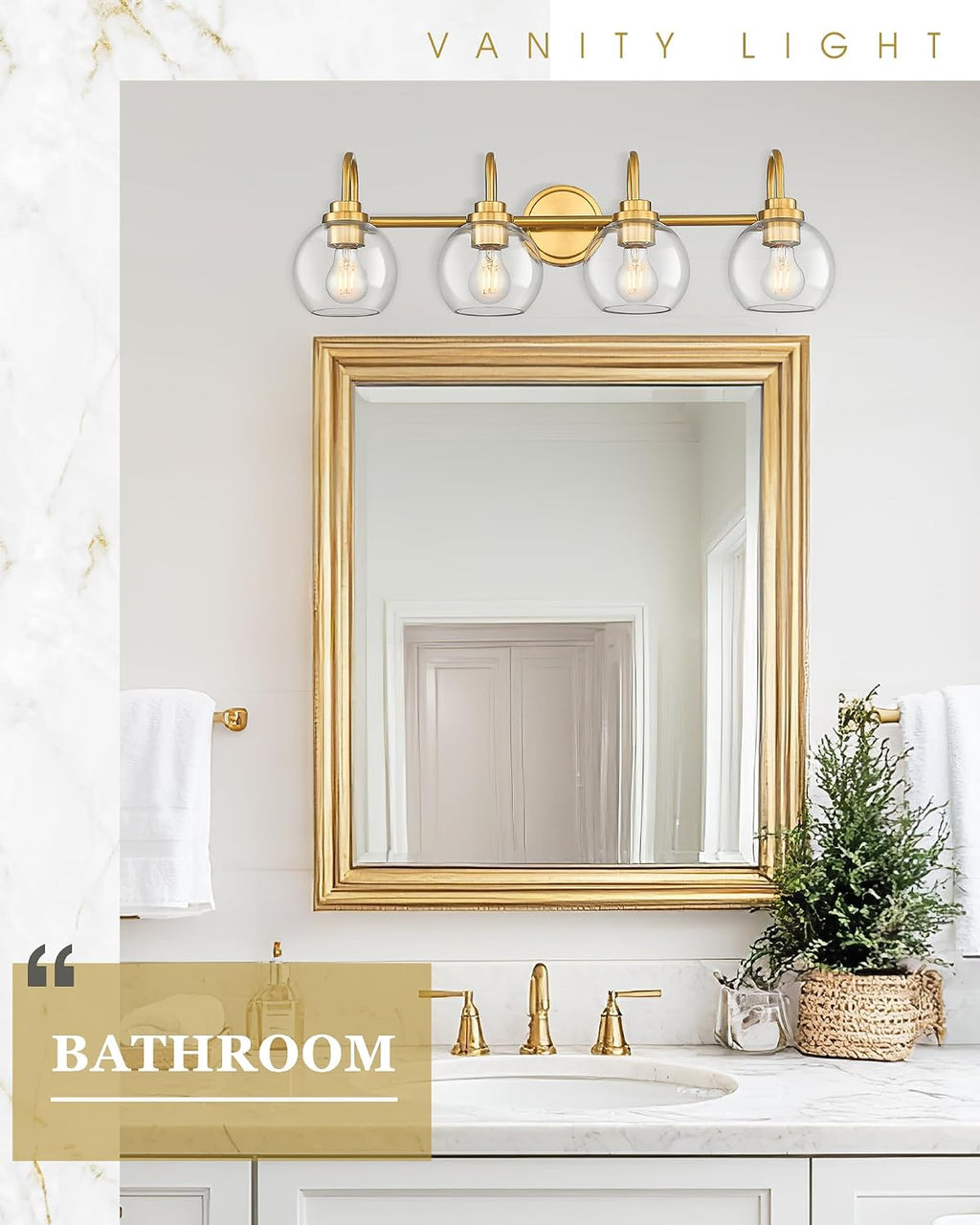 Bathroom Light Fixtures, 4-Light Brushed Gold Vanity Lights with Globe Clear Glass, 30 Inch Champagne Bronze Vanity Lighting Fixtures Over Mirror, AD-22280-4W-GD