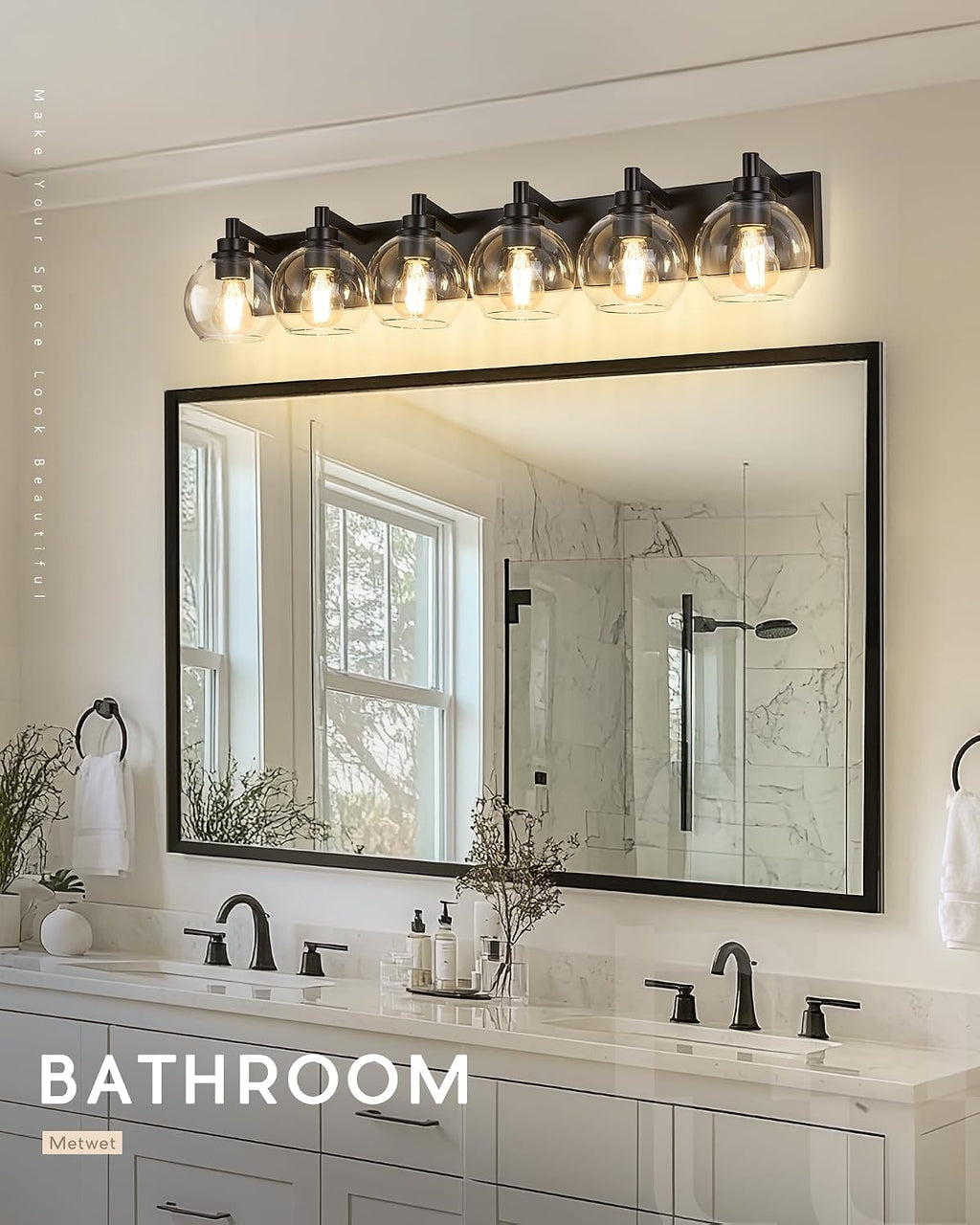 Bathroom Light Fixtures, 6 Light Matte Black Vanity Light, 38 Inch Modern Wall Sconces with Globe Clear Glass Shade, Vanity Lighting Fixtures Over Mirror, VL195-MB-6