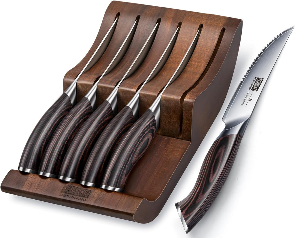 HOSHANHO Steak Knives Set of 6 with Block, 4.5 Inch Serrated Steak Knife Set, Japanese High Carbon Steel Kitchen Steak Knives with Ergonomic Handle