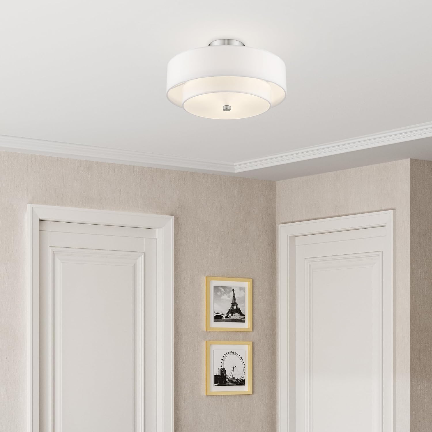 Livex Lighting 51044-91 Brushed Nickel Flush Mount with Off-White Fabric Hardback Shade