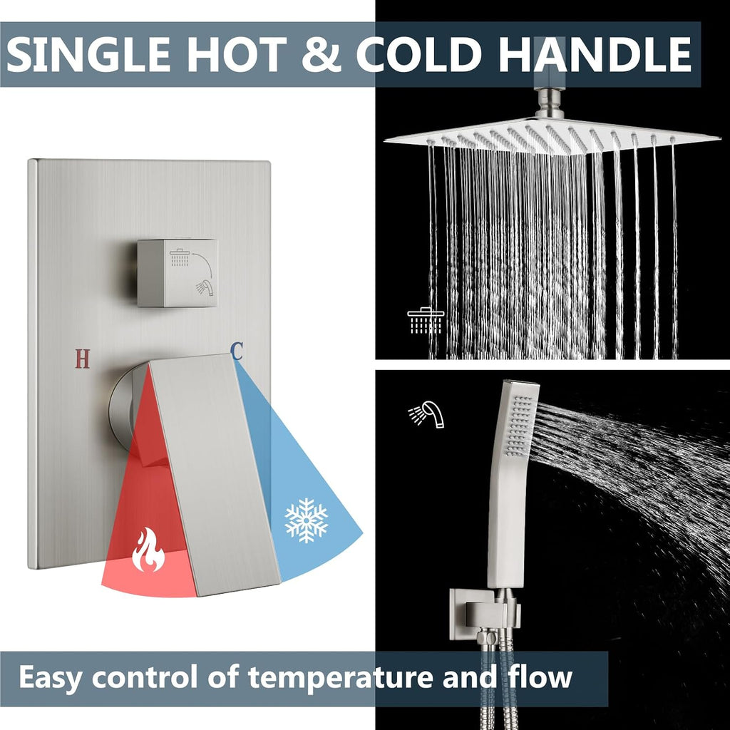 Aolemi Ceiling Mount Shower System Rain Shower Head with Handheld Spray High Pressure Shower Faucet Set Rough-in Valve Shower Trim Kit Included Bathroom Brushed Nickel 12 Inch Ceiling Shower Head