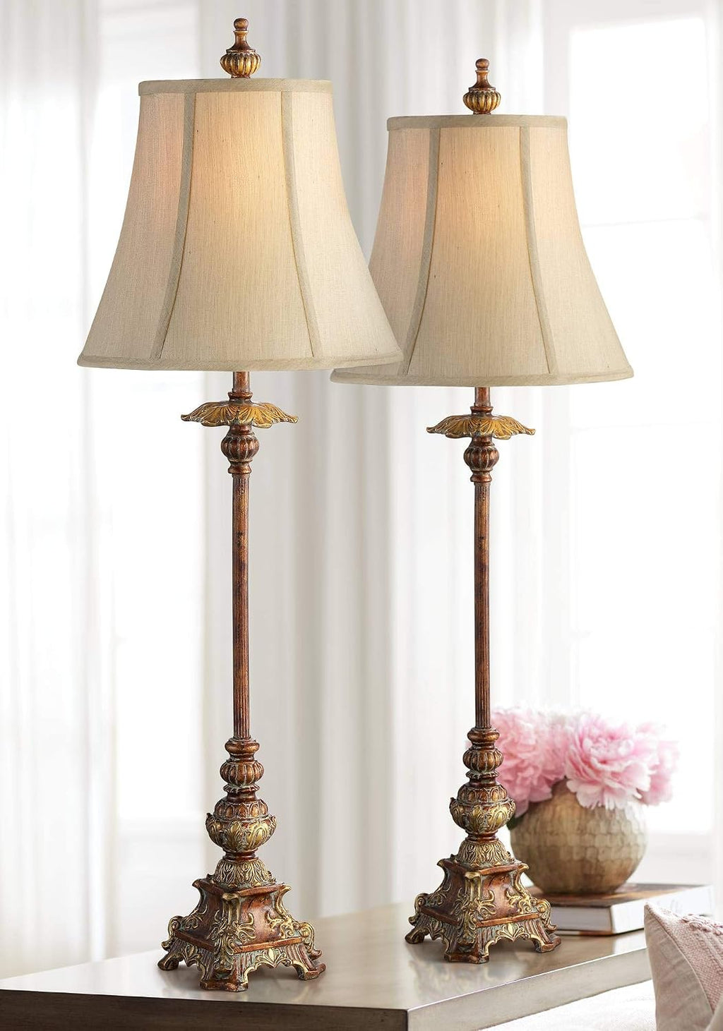 Regency Hill Juliette 36 1/2' Tall Skinny Large Buffet Traditional End Table Lamps Set of 2 Brown Light Bronze Finish Fabric Shade Living Room Bedroom Bedside Nightstand House Office Home Reading