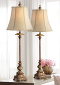 Regency Hill Juliette 36 1/2' Tall Skinny Large Buffet Traditional End Table Lamps Set of 2 Brown Light Bronze Finish Fabric Shade Living Room Bedroom Bedside Nightstand House Office Home Reading