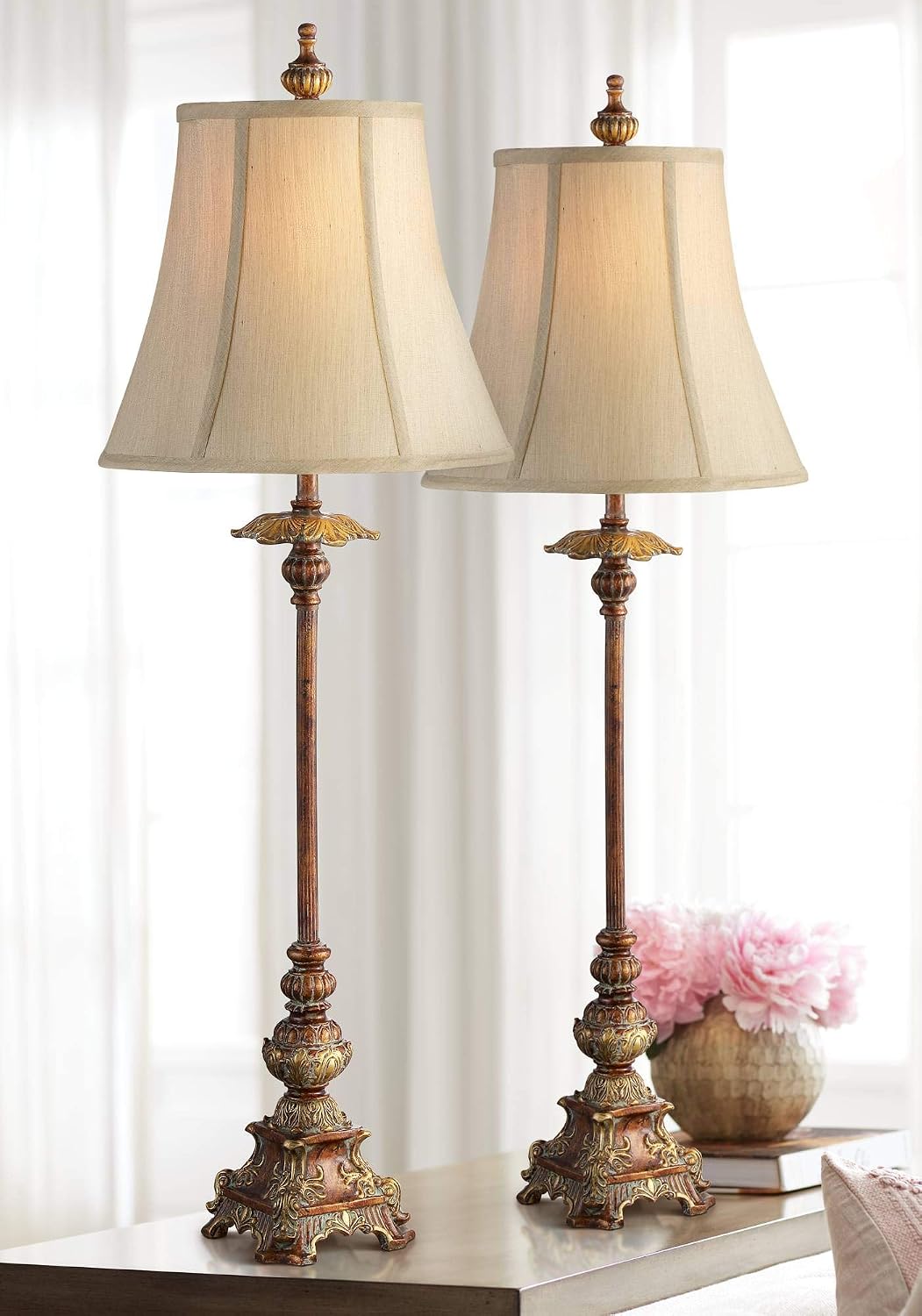 Regency Hill Juliette 36 1/2' Tall Skinny Large Buffet Traditional End Table Lamps Set of 2 Brown Light Bronze Finish Fabric Shade Living Room Bedroom Bedside Nightstand House Office Home Reading