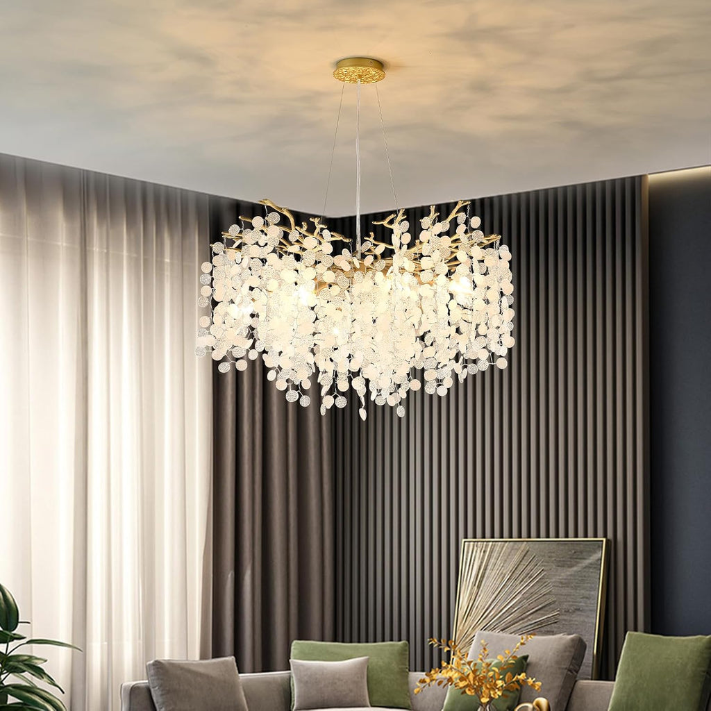 32 Inch Gold Crystal Chandelier, 10-Light Coastal Chandeliers for Dining Room, Large Modern Tree Branch Light Fixtures, Seashell Chandelier for Entryway Foyer Bathroom Living Room, E12
