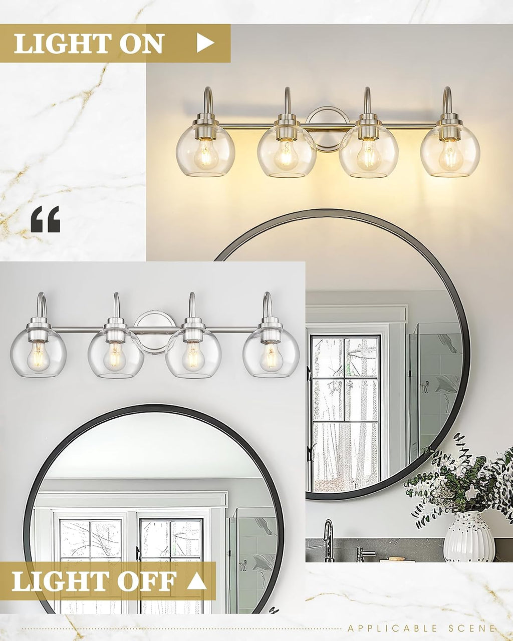 Bathroom Light Fixtures, 4-Light Brushed Nickel Vanity Lights Over Mirror with Globe Clear Glass, 30 Inch Modern Vanity Lighting Fixtures, AD-22280-4W-SN
