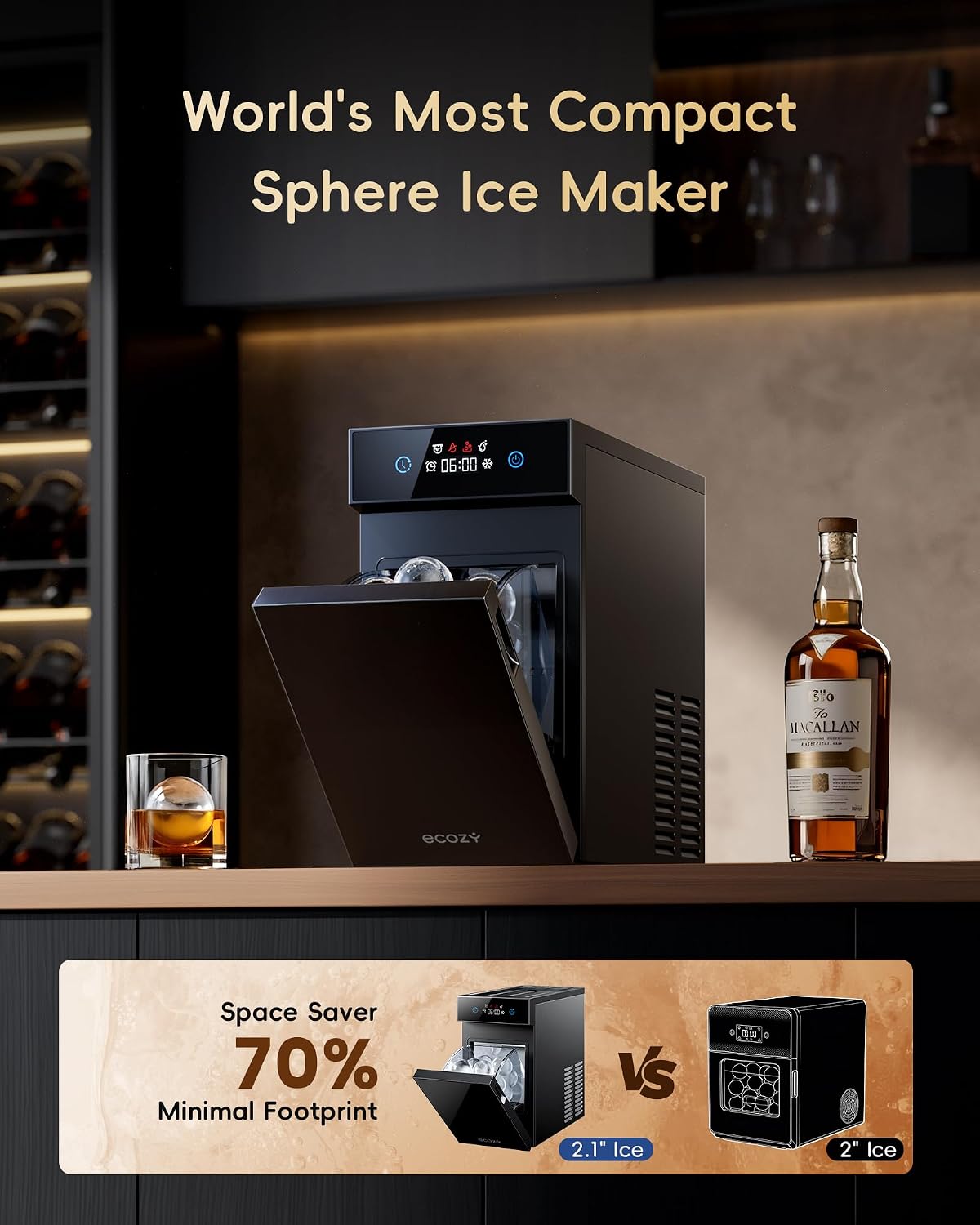 ecozy 2.1' Clear Ice Ball Maker Countertop with CrystalFlux Technology, Minimal Footprint Sphere Ice Maker with 8H Timer, 1 pc in 30 Mins, 48 pcs/Day, Self-Cleaning for Home Bar Whiskey & Bourbon