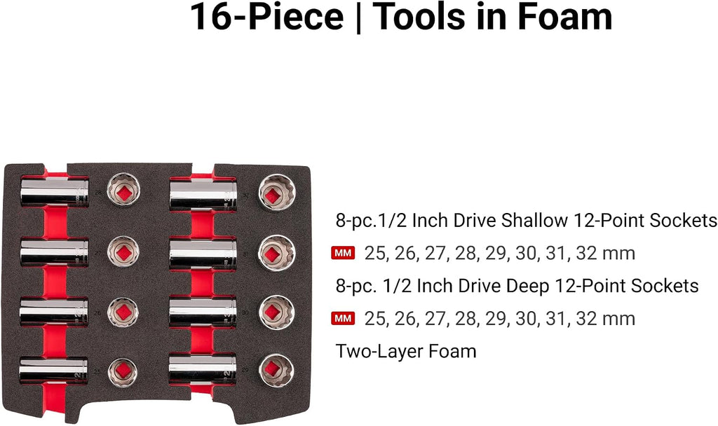 TEKTON 1/2 Inch Drive Shallow and Deep 12-Point Socket Set with Open Top Drawer and Rack, 16-Piece (25-32 mm) | SHD92708